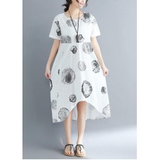 Organic o neck patchwork cotton linen dresses Casual Shirts white dotted Art Dresses Summer