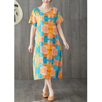 Chic orange red prints linen cotton dresses o neck Dresses summer Dresses