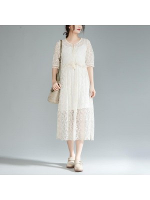 fine long cotton dress oversize lace Lacing Two Pieces Set 12 Sleeve Pleated Dress