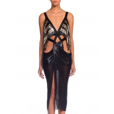 MORPHEW ATELIER Black & Gold Metal Mesh Satin Ribbon Bondage Strap Cutout Cocktail Dress