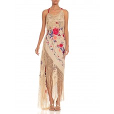 MORPHEW COLLECTION Beige Bias Cut Fringed Dress Made From 1920S Hand-Embroidered Silk