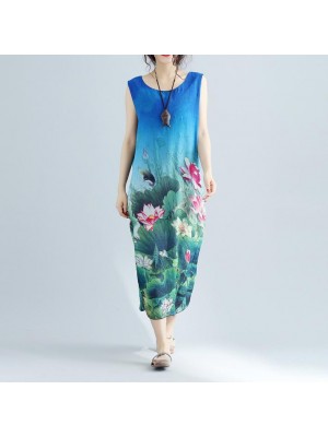 fine blue floral long cotton dress plussize sleeveless long cotton dresses boutique side open cotton clothing dresses