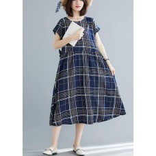 Italian drawstring cotton dresses Work Outfits blue plaid Dresses summer