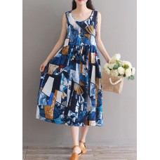 Modern blue floral linen cotton clothes For Women tie waist loose summer Dress