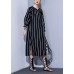 Simple o neck side open Tunics black striped cotton robes Dress summer