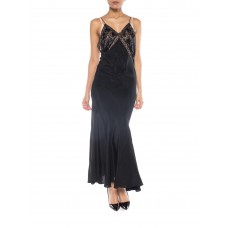 MORPHEW COLLECTION Black Bias Cut Silk Crepe De Chine Backless Gown With Edwardian Beaded Lace