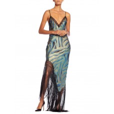 MORPHEW ATELIER Blue & Black Bias Cut Silk Metal Gold Lamé Gown With Antique Fringe