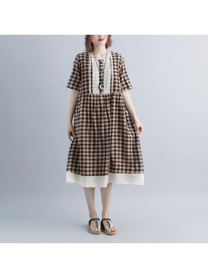 women summer dresses casual Lacing Short Sleeve Plaid Pockets Retro Casual Dress