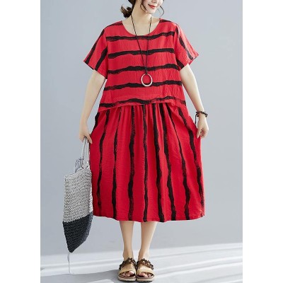 French o neck pockets Cotton dresses Boho Shape red striped shift Dresses Summer