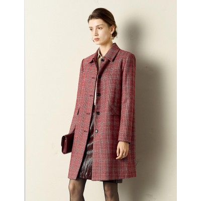 Red Plaid Straight Cut Midi Coat
