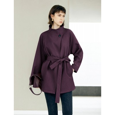 Textured Stand Collar Mid-Length Minimalist Trench Coat