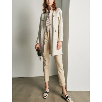 Beige PU Leather Pocket Detail Trench Coat