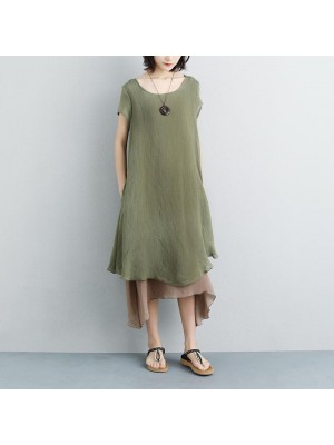 brief cotton gown plus size clothing False Two-piece Short Sleeve Green Plain Dress