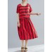 French o neck pockets Cotton dresses Boho Shape red striped shift Dresses Summer